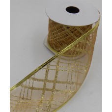 2.5 Inch Wired Christmas Ribbon with Gold Metallic Crisscross Strip on Gold Organga, 2-1/2 In. X 10 Yds (Lot of 1 Spool) SALE ITEM